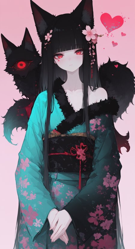 masterpiece, best quality, good quality, newest, highres, absurdres, 1girl, solo, long hair, looking at viewer, blush, black hair, long sleeves, hair ornament, red eyes, animal ears, closed mouth, very long hair, collarbone, upper body, flower, heart, japanese clothes, blunt bangs, hair flower, wide sleeves, kimono, off shoulder, animal ear fluff, fur trim, fox ears, sash, gradient background, floral print, obi, pink background, own hands together, fox girl, pink flower, print kimono, creature, single bare shoulder, one-eyed, green kimono, black sash, 2024, fur-trimmed kimono, floral print kimono, aqua kimono, single off shoulder, melanch0ly,xxx667_illu, glowing <lora:illustriousXL_stabilizer_v1.23:0.3> <lora:NOOB_vp1_detailer_by_volnovik_v1:0.3> <lora:ponyv6_noobE11_2_adamW-000017:0.3> <lora:XXX667:0.6> <lora:mon_monmon2133:0.5> <lora:r17329_illuu:0.5>