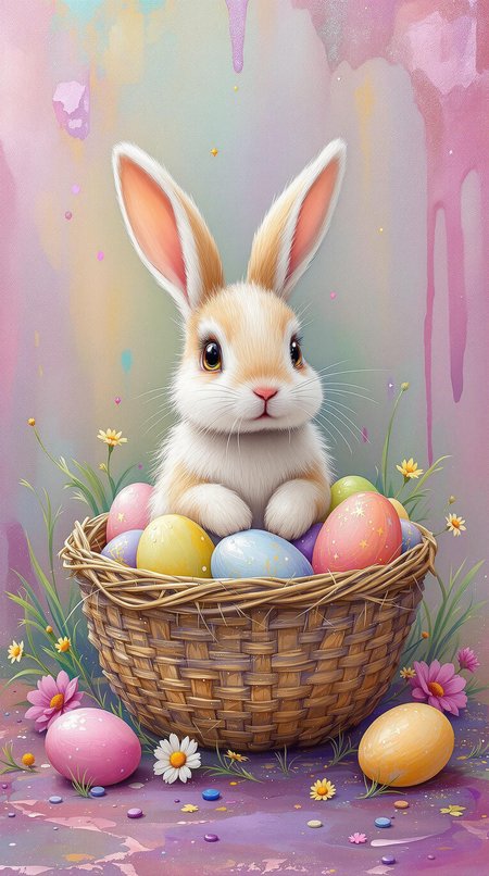 Painting A tiny rabbit in a basket of colored eggs Easter style (impasto texture:1.2), (color:pink, yellow, purple, green, iridescent, sparkly glitter:1.3), (detailed textures:1.2), Easter background, (dripping Easter colors paint:1.1), painting style, oil painting, dreamy atmosphere, fantasy art, high detail, 8k resolution.painting by Alex Alemany