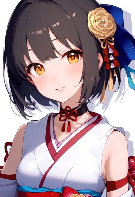 1girl,
takafuji kako,


detached sleeves, parted lips, kimono, short hair, looking at viewer, tsurime, smile, white kimono, wide sleeves, breasts, sleeveless kimono, choker, ribbon, arm ribbon, black choker, hair ornament, collarbone, medium breasts, sleeveless, blush, yellow eyes, solo, upper body, black hair, simple background, japanese clothes, blue ribbon, red ribbon, obi, ribbon choker, hair flower, white background, sash, flower,

sfw
<lora:a31_char_new_takafuji_kako:1> <lora:a31_style_koni-000010:0.8>