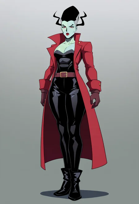 best quality, amazing quality, very aesthetic, absurdres,
1girl, thebride, black hair, red eyes, red lips, colored skin,
gloves, belt, cleavage, red coat, black dress,
black pants, black shoes,
standing, full body,
solo, looking at viewer, simple background, white background,   <lora:TheBrideNoobXL_byKonan:1>