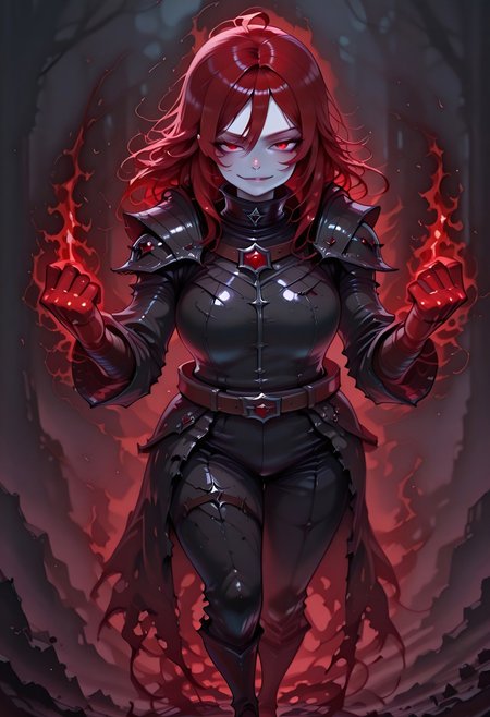 masterpiece, best quality, highres, absurdres, amazing quality, high resolution, 
Red Eyes, Red Hair, pale skin, Black Medieval Armor, leather straps
animate_dead, aura on skull, hands raised towards viewer, looking towards viewer, smirk, glowing red eyes, clenched fists, magic swirling through the air, full body, side view