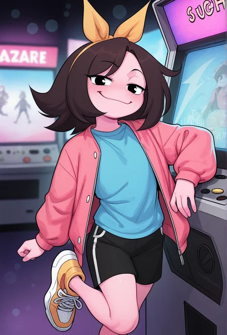 masterpiece,best quality,amazing quality, <lora:marigold_cabronpr_noob_v1.1f:1> marigold, 1girl, solo, hairbow, no nose, black eyes, smug, looking at viewer, BREAK
pink jacket, blue shirt, black shorts, sneakers, arcade, depth of field, bokeh, <lora:glacierclear_style_illustrious_v1.4f:1> gclearstyle
