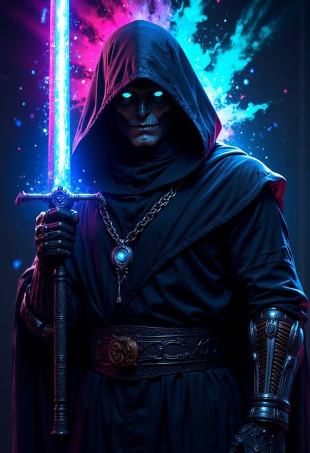 ,cinematic film still, A dark, mysterious figure in a deep robe, standing in the center with a low hood obscuring the face. The figure controls a colossal, iridescent glowing sword that hovers above their hand, emitting vibrant neon blue light. The hands are gloved in metallic armor. The background is dark with splashes of neon colors—blue, pink, green, and purple—creating dynamic, chaotic energy. cyberpunk and fantasy, focusing on dramatic lighting and contrasting colors, shallow depth of field, vignette, highly detailed, bokeh, moody, epic, gorgeous, film grain, grainy, hyperrealism, <lora:add_detail:1> <lora:add-detail-xl:2> <lora:p0rtXLP1:0.6> <lora:d3t41l3dXLP:1> . professional, sleek, modern, minimalist, graphic, line art, vector graphics  <lora:FluxMythP0rtr4itStyle:0.8> MythP0rt, <lora:aidmaImageUpgrader-FLUX-V0.1:0.33> detailmaximizer,