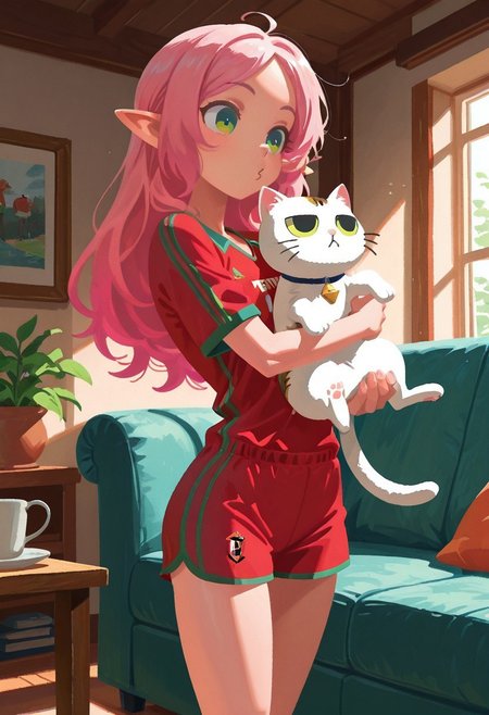 solo,
living room, holding cat, o3o,
elf girl, skinny, pink hair, green eyes, red soccer jersey with green trim,
t4kar4i_illu, no_outlines, no lineart,
masterpiece, best quality, absurdres, [dynamic pose]