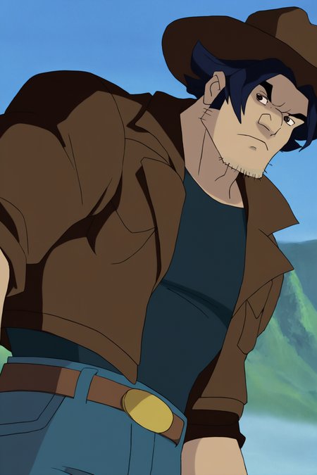 masterpiece, best quality, highres, newest, logan, 1boy, solo, male focus, mature male, short hair, dark blue hair, brown eyes, thick eyebrows, facial hair, stubble, sideburns, muscular, dark blue t-shirt, brown jacket, blue jeans, brown belt, belt buckle, brown headwear, cowboy hat, brown cowboy hat, looking at viewer, frown, standing, cowboy shot, outdoors, sky, blue sky, mountain <lora:Wolverine (Logan) X-Men Evolution (Only Logan) v1.1 [LoRA] - NoobAI-XL EPS 1.0:0.8>