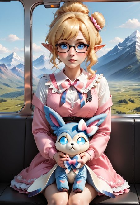 anime art. girl with blonde medium hair, cute blue eyes, pointy ears, glasses, small boobs, pink dress, mountains, smoothie, sitting in train, looking at mountains, sylveon plushie