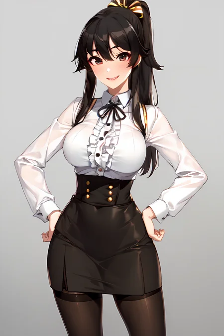 chobi, hair ribbon, sidelocks,
virgin killer outfit, high-waist skirt, standing, pantyhose, cowboy shot, grey background, 
1girl, pointing at viewer, hand on hip, light smile, 
 <lora:VirginKillerOutfit:1>, <lora:Chobi:0.8>