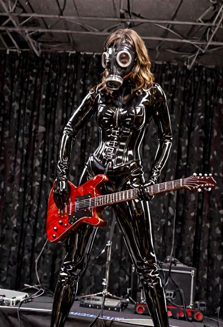 Felecia Manning, a cute young woman in a latex catsuit , glossy, shiny catsuit, heavy rubber corset, latex gloves, fetish wear. lace up thigh high boots. Gp5 gasmask, on a concert stage, in a metal band, playing a guitar.