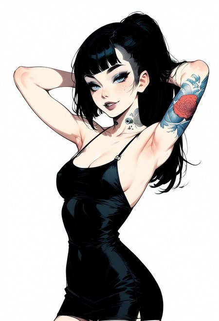 score_9, score_8_up, score_7_up, score_6_up, rating_questionable,styleFuchitoro, sketch, thick outline, 1girl, Celeste Valera, , freckles, , bangs, eyeshadow, ponytail, makeup, back tattoo, blue eyes, black hair, mole, (black) short pencil dress, nipple peek, hands behind head, sexy smile, parted lips, sexy look, goth attire, screentone background, flat colors background, shadow on her back