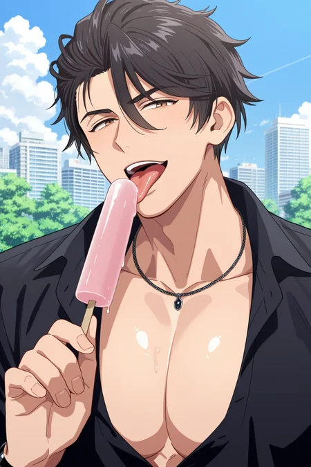 <lora:RIDKEW-IL:0.9>, gozu, black hair,brown eyes,1boy,solo, holding popsicle, tongue, pectoral cleavage, tongue out, building, holding, looking at viewer, black shirt, jewelry, necklace, outdoors, upper body, open mouth, licking,bara,male focus,very awa,masterpiece,best quality,amazing quality,nsfw,uncersored,highres,best quality,amazing quality,best aesthetic,absurdres,
