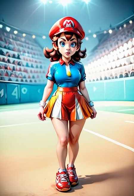 <lora:MtF_Genderswap:1>, genderswap \(mtf\), Mario, facing forward, mario hat, adult woman, extremely large nose, extremely bulbous nose, very wide face, circular head shape, wide chin, wide jawline, brown hair, lightly curly hair, shoulder length hairstyle, blue eyes, average bust, wide hips, super crown, tennis wear, tennis uniform, two-tone skirt, red and blue clothing, fully clothed, zPDXL, score_9, score_8_up, score_7_up, score_6_up, score_5_up, score_4_up,
full body render, full body, photorealistic image, realistic image, high quality, detailed face, realistic human proportions, detailed clothes,