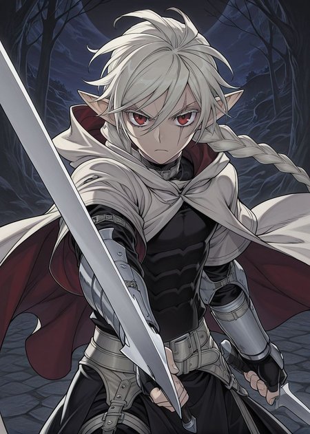 masterpiece, best quality, arms at sides, male focus, 1boy, male, gothic background, night, solo, (concept art:1.2), fighting stance, holding sword, pointing sword at viewer, 
<lora:Koinzell:0.8>, Koinz0l, red eyes, platinum blonde hair, scar across eye, pointy ears, twin braid, platinum blonde eyelashes, cape, hooded cloak,