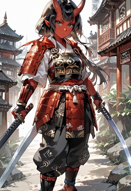 score_9, score_8_up, score_7_up, rating_suggestive, tiefling, one female, single person, red skin, black hair, straight horns, red samurai armor, easynegative, negative_hand, MythAn1m3, pointed ears, ancient japanese city, standing, samurai, 
musuclar woman, amazona, full body, green black eyes, 1girl, red glowing katana,