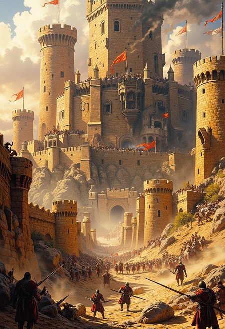 a medieval saracen army laying siege to a colossal crusader medieval castle of sand-coloured stones, with buttresses and crenelations, rising out of the dawn mist on a dusty desert environment, directional lighting, stormy sky.  Trebuchets fling enormous rocks against the castle walls, causing damage, and siege towers and battering rams are being pushed by saracen soldiers towers the castle walls and gate