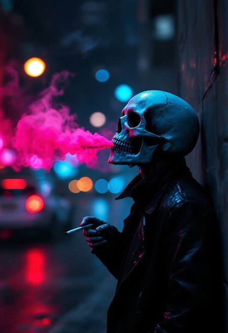 [Skull figure, smoking a cigarette, leaning against a wall, looking up, contemplative and melancholic mood], [Digital art, cyberpunk style with dark fantasy elements], [None specified - style is a blend of influences], [Predominantly dark color scheme with vibrant pink smoke, bokeh effect creating a city night background, wet-looking dark clothing texture, realistic skull rendering, dramatic lighting emphasizing the pink smoke and skull details, shallow depth of field focusing on the skull, 35mm lens simulation]