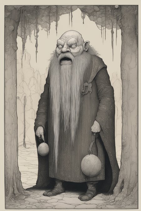 John Kenn Mortensen Style - Illustration in the style of John Bauer, art deco, art nouveau, edwardian, a stocky, diminuitive dwarven alien inhuman drooling creature
