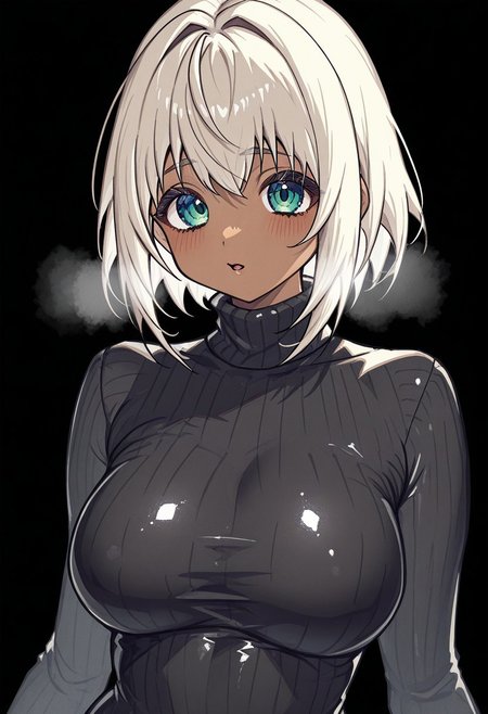 yoruhachi, thick line art, simplified style, stylized, solo, dark skin female, black, oversized turtleneck, visible breath, shiny clothing, shiny hair