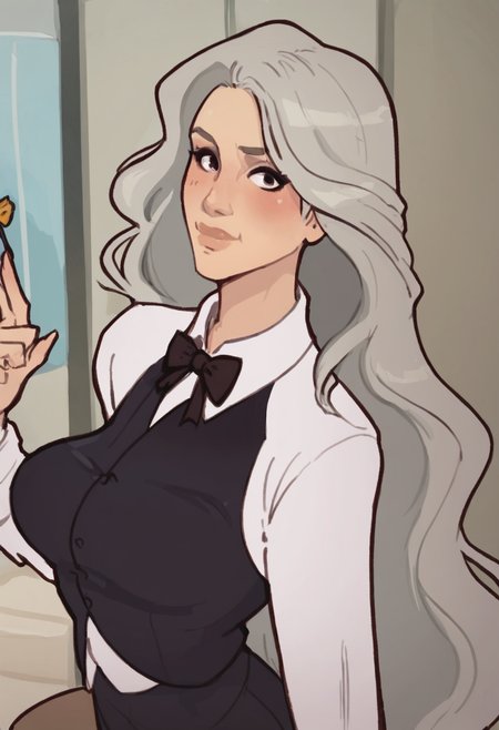 score_9, score_8_up, score_7_up, 1girl, mature_female, large_breasts, portrait, solo, looking_at_viewer, open_eyes, Posing as if pulling a stubborn donkey, vanishing_point, (Blush Tuxedo), very long hair, flat top, Gray hair, dressing room, head_out_of_frame, rating_safe, <lora:pony\artist_styles\hornyx_pony:1.0>