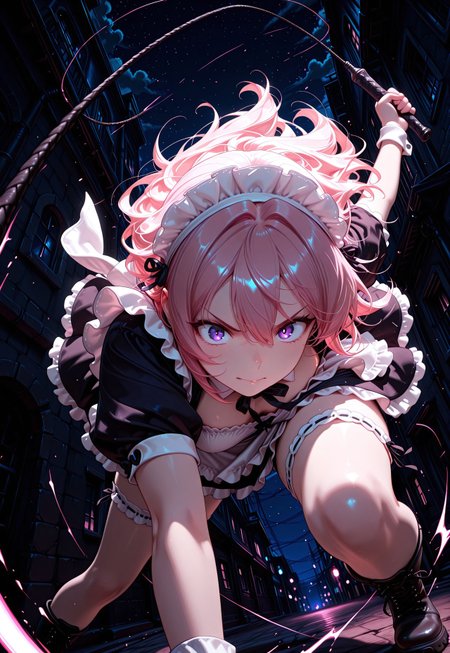 masterpiece, ultra-detailed, action style, radical motion, extreme perspective, CivChan, purple eyes, pink hair, maid outfit, combat boots, leaping through the air, swinging a whip, vibrant colors, whimsical but dangerous scene, night shot, late night, exterior, dark alleyway, dynamic composition, Smooth Quality