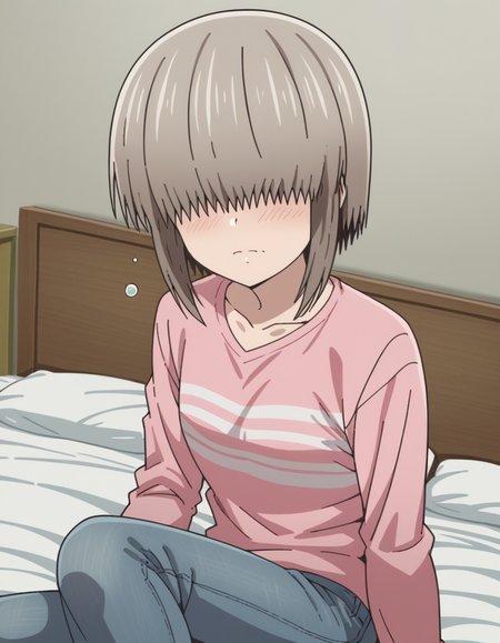 score_9, score_8_up, score_7_up, source_anime,
yanagiuzaki, <lora:yanagi-uzaki-s2-ponyxl-lora-nochekaiser:1>,
yanagi uzaki, short hair, bangs, grey hair, hair over eyes, covered eyes, long bangs, sidelocks,
shirt, long sleeves, pink shirt, collarbone, pants, denim,
indoors, bed, bed room, on side, blush, drunk,
looking at viewer, cowboy shot, solo, dutch angle,