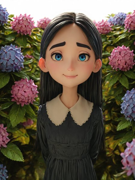 (masterpiece,best quality,newest,absurdres,highres), ParAggie, 1girl, solo, long hair, black hair, blue eyes, smile, black dress, flower, leaf, hydrangea, pink flower, looking at viewer, hands behind back
<lora:Aggie_IllustriousXL_noobaiXLNAIXL:0.7> <lora:Add_Flower_Nature:0.5>