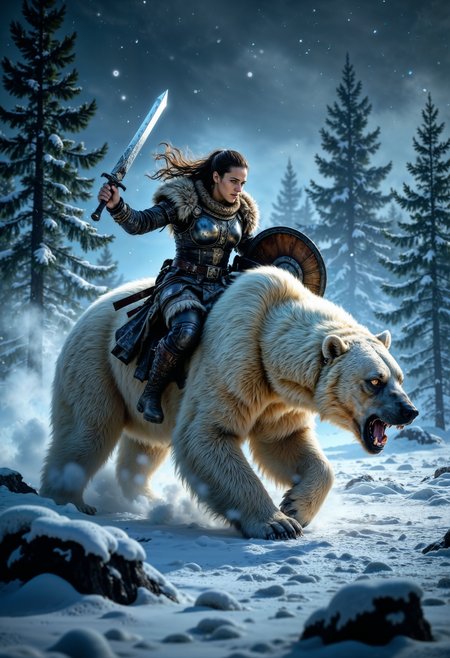 Portriat of A menacing large ferocious polar bear with battle scars, growling and snarling, lunges forward under the cover of a nocturnal snow storm, snowy ground and snow powder, illuminated by a striking Rembrandt-style spotlight. An enraged female viking warrior, riding the beast, clutches a sword triumphantly in one hand and a shield in her other hand, her intense eyes ablaze with victory. Their dynamic pose against the backdrop of an ultra-high-contrast HDR night sky, creates an epic, moody tableau immortalizing the clash of power and determination.