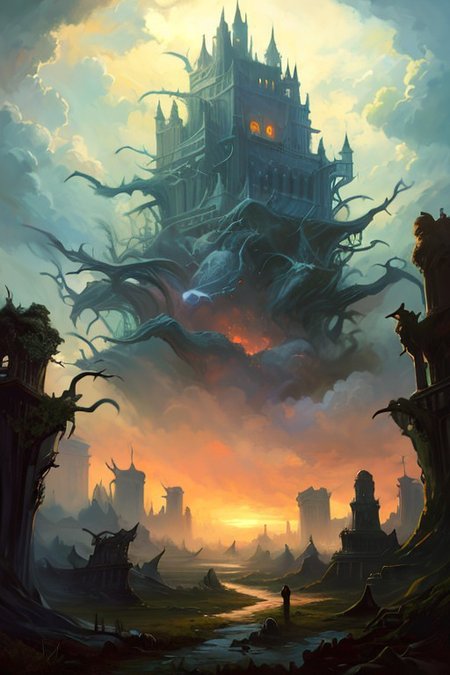 hyperrealism oil painting, ghost of the castle,
thunderstorm, and many small clouds, and slightly cloudy, fantasy forest,
an expansive ancient forest, featuring towering oaks, diverse wildlife, a variety of flora,FanRu,guiguai,
{dawn|dusk|night},