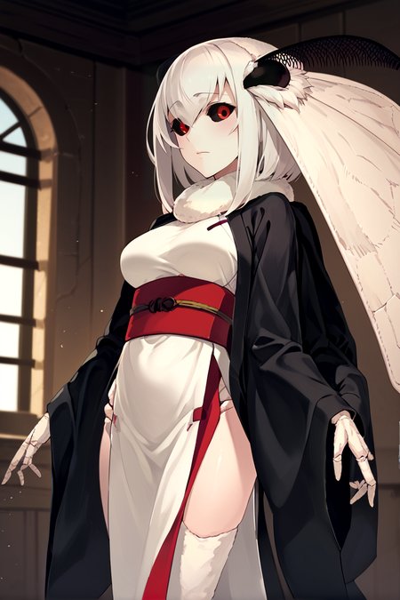score_9, score_8_up, score_7_up, score_6_up, score_5_up, score_4_up, source_anime, mashiro, cowboy shot,  black cloak, open cloak, red eyes, black sclera, 3 fingers, 4 arms, joints, 
white hair, medium hair, white kimono,  wide sleeves, red obi, white pelvic curtain, side slit,
BREAK indoors, dungeon
<lora:mashiro:1>