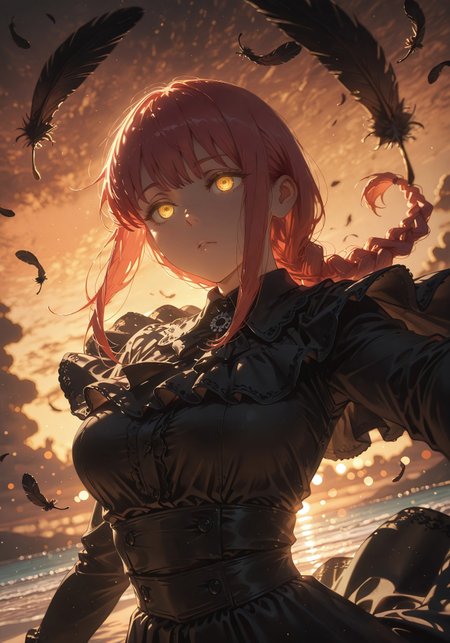 ((Bust shot, neutral expression:1.5))

((1 girl,Makima, ringed eyes,  red hair, braided ponytail, bangs, yellow eyes, sidelocks, medium hair, long hair,glowing eyes,))

(black funeral dress,:1.5),((glowing eyes,floating feathers:1.5))

(Beach:1.5),(sunset,orange sky,golden hue:1.5)

((negative space:1.1)),((dynamic angle:1.5)),((foreshortening:1.5)),((extreme perspective:1.4)),(dynamic pose:1.5)),(bokeh around character:1.2)

artist:moriimee,Smooth_Quality,amazing quality, ((aesthetic:1.3)),((4k,8k,Ultra HD)),((Masterpiece :1.2)),((Best quality :1.2)),((Detailed :1.5)),((Detailed background :1.5))