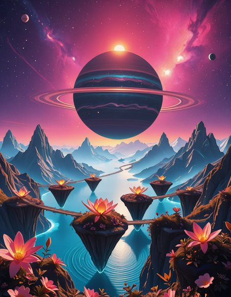 A breathtaking, high-resolution photograph of a celestial paradiseâa stunning, habitable planet floating in the vastness of space. The sky is a mesmerizing blend of deep purples, blues, and pinks, illuminated by twin suns casting golden light over the landscape. Towering crystal mountains shimmer in the distance, reflecting the vibrant hues of the nebula-filled sky. A vast, glowing ocean stretches across the horizon, its surface gently rippling with bioluminescent waves. Floating islands covered in lush, alien vegetation hover above the water, connected by natural bridges of luminescent vines. Exotic, radiant flowers bloom in every color imaginable, while gentle, ethereal creatures with translucent wings glide through the air. In the sky, a massive ringed gas giant looms majestically, its swirling clouds casting soft shadows over the dreamlike terrain. The air shimmers with floating particles of light, creating a surreal, otherworldly ambiance. The entire scene feels like a cosmic utopiaâtranquil, awe-inspiring, and untouched by time.
<lora:SDXLFaeTastic2400:0.4> <lora:extremely_detailed:0.4> extremely detailed,Celestial p4r4d1s3, <lora:Celestial_p4r4d1s3-i:1>, Masterpiece,best quality,hi res,8k,hi res,8k,award winning,(sharp focus, intricate, highly detailed),