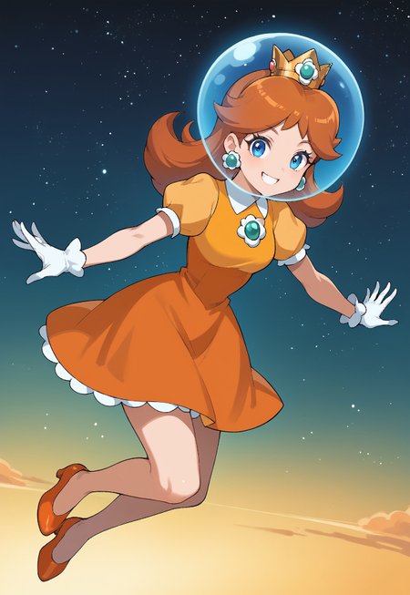 (head-contained fishbowl helmet), score_9, score_8_up, score_7_up, source_anime, official art,  princess daisy, blue eyes, (long hair under helmet, hair through helmet)
BREAK
orange hair, dress, gloves, orange dress, puffy short sleeves, white gloves, outer space, star \(sky\), smile, looking at viewer, full body, orange heels, acrobatic, floating, zero gravity. bare legs.