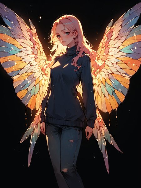 score_9, score_8_up, score_7_up, score_6_up, score_5_up,  <lora:stainedglassXLP:0.65> stained glass wings, 1girl, solo, black background, sweater, long hair,