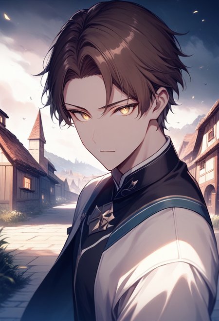 (best quality, masterpiece), 1 boy,18 years old, medieval village, dark mood, Arrogant,
brown hair, short hair, no bangs,  white color student uniform, half body,
 , looking at viewer, Unobtrusive golden eyes, Dull golden eyes,