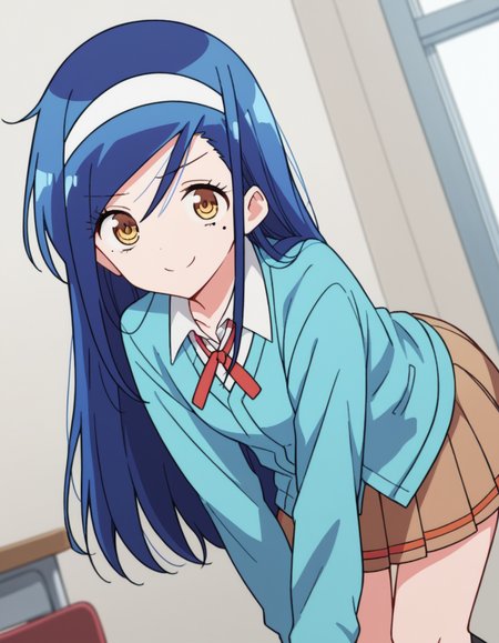 score_9, score_8_up, score_7_up, source_anime, <lora:fumino-furuhashi-s2-ponyxl-lora-nochekaiser:1>, fumino furuhashi, long hair, brown eyes, blue hair, yellow eyes, hairband, mole, mole under eye, white hairband,, skirt, shirt, long sleeves, school uniform, pleated skirt, kneehighs, neck ribbon, brown skirt, cardigan, blue cardigan, collared shirt,, indoors, bent over, smile, smug, looking at viewer, solo,, cowboy shot, dutch angle