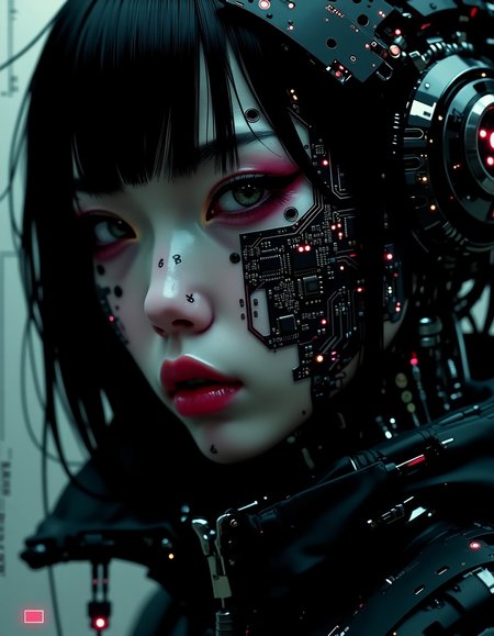 Super face Closeup Portrait,(cyberpunk face augmentation:1.45), (black color circuit board tattoos:1.5 on face), epic skin detailes, Sci-fi Darkness By He Xiaofeng, a quiet Fighter, feudal Ninja,, robotic shinobi suit, (style Katy Grannan:1.35) , Satin texture, (Glitchy:1.5) (Foggy:1.35), (Harsh lighting:1.4)
  <lora:ck-nc-pastel-cyberpunk:0.99> A digital artwork in the style of cknc,
