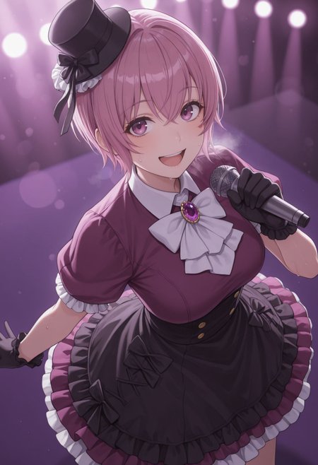 masterpiece,best quality,absurdres,highres,very aesthetic,high quality,detailed,insanely detailed,beautiful,perfect lighting, ,depth of field,blurry background,bokeh, looking at viewer, 
,  <lora:Sakuragi Naruha Illu :1> 1girl, short hair, pink hair, purple eyes,
, black headwear, mini top hat, hat ribbon, black ribbon, idol clothes, frills, purple shirt, collared shirt, white ascot, brooch, purple gemstone, puffy short sleeves, frilled sleeves, black gloves, black skirt, frilled skirt, holding microphone, on stage, smile, :d, sweat, heavy breathing, stage, stage lights, dancing, performing, from above, looking at viewer,