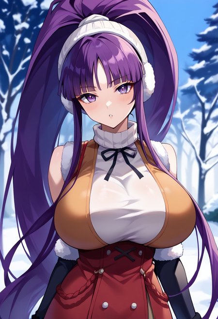 score_9, perfection, source_anime, perfect anatomy, hentai, sexy, alluring, seductive, 1girl, solo,  score_9, score_8_up, score_7_up, score_6_up, source_anime, 1girl, solo,  <lora:misonokirika-pdxl-nvwls-v1-000005:1> misonokirika, purple hair, very long hair, high ponytail, purple eyes, parka. Snowy park. Mittens, earmuffs