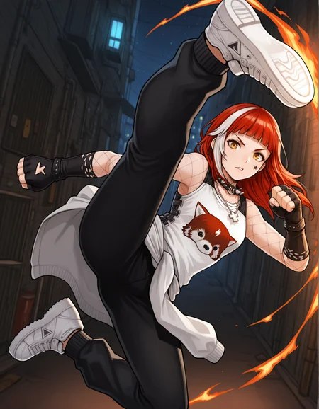 masterpiece,best quality, absurdres, highres,   <lora:Irene Illu 1:1> ireneillu, tank top, black gloves, spiked collar, fishnets, sweater around waist, cross necklace, black pants, sneakers, star tattoo, solo, looking at viewer, alley, night, incoming kick, fire kick