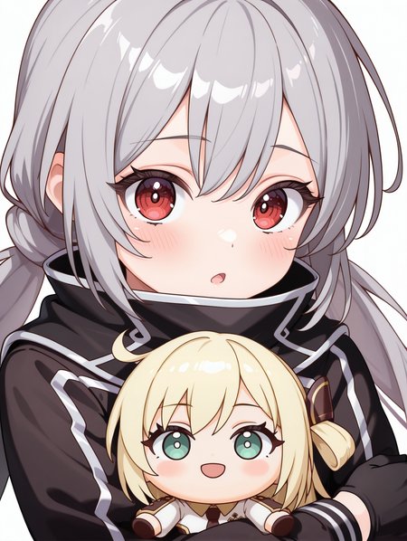 blush,white background,simple background,1girl,character doll,hugging doll,looking at viewer,chibi,solo,open mouth,low twintails,sky striker ace - raye,ordinary uniform,sky striker ace - roze,black scarf,black military uniform,black gloves,
masterpiece,best quality,amazing quality,very aesthetic,absurdres,newest,<lora:Sky striker ace - Raye & Roze illusXL v1.1:0.71>,