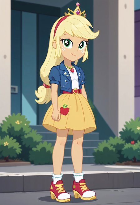 score_9, score_8_up, score_7_up, score_6_up, from My Little Pony Equestria Girls, a very young little human girl Applejack wearing a fit blue|sky|green|brown|darkpurple|red|yellow gradients colors short princess dress, elegant detailed princess shoes, solo, 1girl, little princess girl, gradient golden blond hair with crown hairband, smile, childhood, looking at viewer, glow detailed eyes, garden of canterlot, tul, chiffon, laces, semi realistic cartoon, unreal engine 5,  full body close-up, absurdres, digital art, soft light, perfect hands, perfect, hands, perfection, soft orange skin, green eyes, apples accesories and shoes, jewelery, tres chic,<lora:age_slider_v4:-4>,