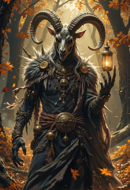 A mysterious, otherworldly figure stands in an autumnal forest bathed in warm, golden light, surrounded by falling leaves and glowing embers. The figure is cloaked in an ornate, flowing robe adorned with intricate patterns, feathers, and metallic trinkets that shimmer faintly in the dim light. It wears a massive goat skull with imposing, curved ram horns as a mask, the horns spiraling outward and adorned with small dangling charms and ancient symbols. In its skeletal, gloved hands, the figure holds an ancient lantern, its flickering flame emanating a soft, otherworldly glow that seems to pulse with life. The scene is steeped in mysticism, with shafts of light filtering through the dense, shadowy trees, illuminating the figure and casting long, dramatic shadows. The atmosphere is both reverent and unsettling, as the presence of this arcane being transforms the serene forest into a place of quiet, enigmatic power. <lora:DarkCore-000003.safetensors:1.0>,  <lora:Elden_Ring_-_Yoshitaka_Amano.safetensors:0.5>, <lora:black_fantasy.safetensors:0.5>,   <lora:boFLUX digital-abyss.safetensors:1.0>,  <lora:Movie_Portrait.safetensors:0.4>,  <lora:- Flux1 - soothing_atmo_V2.0.safetensors:0.2>,  <lora:lith_mimosa_kiel_grw134_FLUX.safetensors:0.35>,