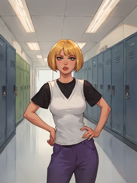 nazz, lips, white vest, 1girl, black t-shirt, solo, blonde hair, short hair, purple pants, bob cut, ,looking at viewer,simple background, breasts,  ,hand on own hip, school,locker, hallway,   <lora:Smooth Anime Style LoRA XL:1> <lora:NazzPony1.0:0.6>, score_9, score_8_up,