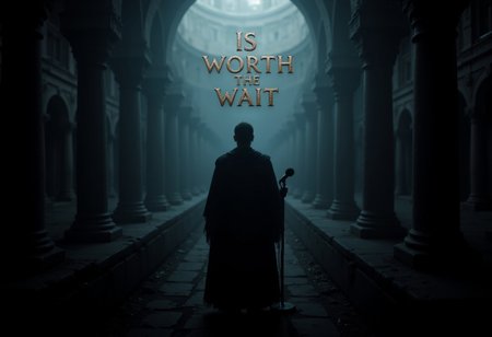 Song cover photo, Dark  silhouette of a gladiator with a microphone, inside a medieval colosseum temple with columns dark ambience, with text:"IS Worth the Wait" made with steel , aidmaabdhr, aidmaTextImprover