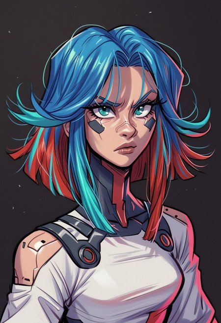 <lora:OC_Rae_Character_LoRA_PonyXL:1>
score_9, score_8_up, score_7_up, score_6_up, 1girl, BREAK,
 Ra3lyn,  Cyberpunk Style, masterpiece, best quality, good quality, very aesthetic, absurdres, newest, 8K, depth of field, half-face demon, focused subject, portrait, dynamic angle, action shot, 1girl, solo, medium hair, split hair, split-color hair, two tone hair, blue hair, red hair, (low-tied_long_hair), front locks, twin locks, front locks, white clothing, looking at viewer, fierce look, organic, the cyborg is very sinister and dangerous, cross_draw, glowing katana, thermal katana, sword_draw, iaido, one_hand_on_sheath, unsheathing, duality, light and shadow, dark and bright
in the style of cksc, zPDXL <lora:PonyXL_Teelokay_Style_LoRA:0.8>