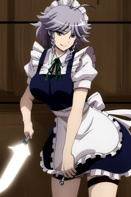 izayoi sakuya, 1girl, ahoge, apron, braid, breasts, danmaku, grey hair, knife, maid, maid headdress, medium breasts, ribbon, short hair, smile, solo, thigh strap, twin braids, waist apron, 
masterpiece, best quality, very aesthetic, absurdres, pixiv, anime coloring