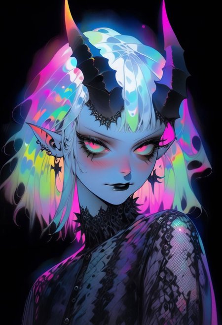 pale demon girl , prismatic coloring, holographic vibe, chromatic black lace blouse, gothic background, (long straight horns:1.2)
