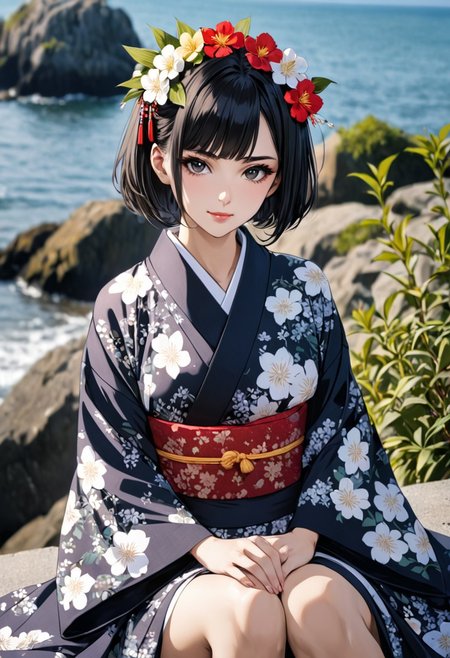 (anime, masterpiece, intricate:1.3), (best quality, hires textures, high detail:1.2), (4k),(incredibly detailed:1.4), perfect anatomy, graceful face, slim, big breasts, constricted waist, nice body, lips, arrogant look, villain, 1woman, evilish smile, high pointed nose, (nostrils:1.3), neatly, angry, 25 y/o
UHD, 8K, ultra detailed, a cinematic photograph of HDR photo of Closeup photo of a beautiful natural 22-year-old woman, black eyes, bob hair, black hair
woman in japanese costume sitting on ledge of small beach, holding hands on her knees,  japanese clothes,  kimono, flower, hair flower, looking at viewer, sash, off shoulder, thighs
