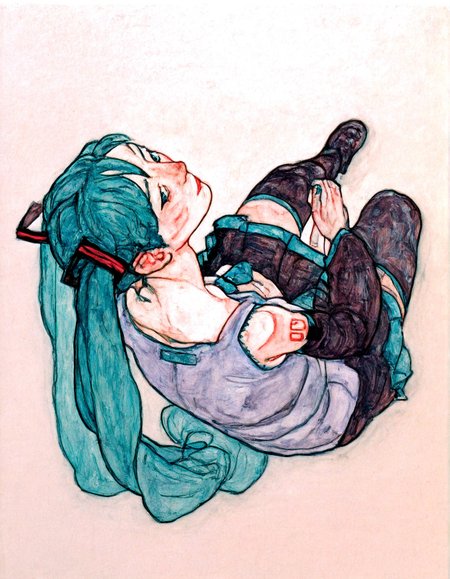 traditional media, painting (medium), Gaouch \(medium\), 1girl,solo,hatsune miku, hatsune miku \(cosplay\), sitting, head tilt, resting, leg up, full body,nape, from above,