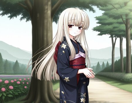 general,highres, ultra-detailed,very aesthetic,best quality ,best hands,  BREAK  <lora:Rindou_IS:1> Rindou, 1girl, solo, red eyes, long hair, white hair, blonde hair, albino, 
black kimono,
day, smile, long sleeves, nature, tree, brown eyes, red eyes, flower, looking at viewer, 
japanese clothes, kimono, closed eyes, tree, sash, smile, long sleeves, obi, blush