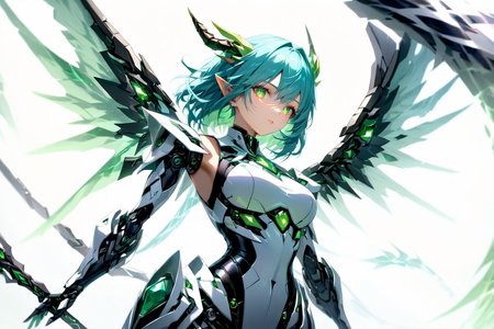 Jed-rbt, Dragon girl, 1girl, dynamic angle, dragon horn, hair ornament, Electromancer, crystal wings, green gemstone, jade \(gemstone\), (Depth of field hdr 8k 4k wallpaper cinematic angle, cinematic lighting:1.2), [(white background:1.2)::0.2], (atmospheric perspective background:1.2), newest, highres, illustration, incredibly absurdres, ultra detailed, masterpiece, best quality, [<lora:detailed_notrigger:0.95>::0.5], [:<lora:loraeyesxl:1.05>:0.5], <lora:RoboStyle:1><lora:aesthetic_anime_v1s:1.2>